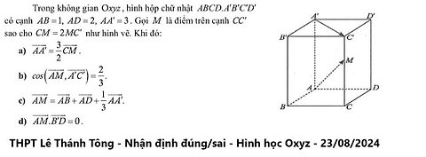 THPT Lê Thánh Tông: Trong không gian Oxyz, hình hộp chữ nhật ABCD.A'B'C'D' có cạnh AB=1, AD=2, AA'=3