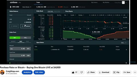 Craig Shipp buying one bitcoin on YouTube LIVE for $4,000