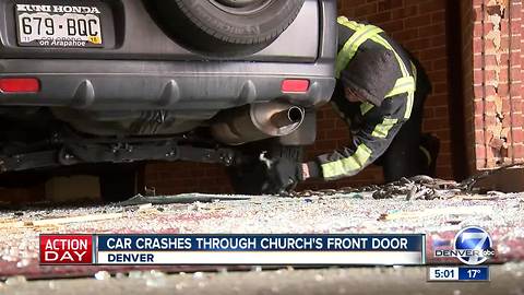 SUV crashes through front doors of Denver church; no serious injuries