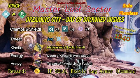 Destiny 2 Master Lost Sector: Dreaming City - Bay Drowned Wishes on Arc Hunter Solo-Flawless 7-3-23