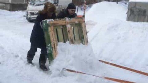 Russians turn pallets into snowplow!