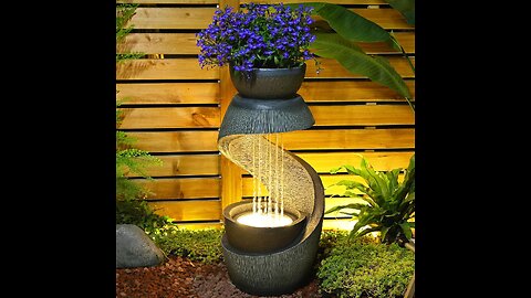 31.9” S-Shaped Outdoor Waterfall Fountain with Planter and LED Lights