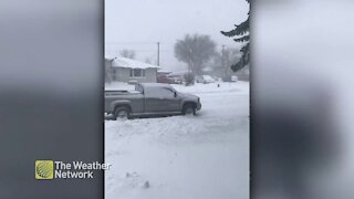 Snow piling up in Medicine Hat