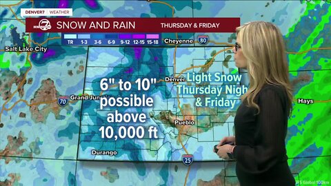 Light snow possible for Denver Thursday night as storm brings up to ten inches of snow in the mountains