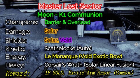 Destiny 2 Master Lost Sector: The Moon - K1 Communion 11-26-21