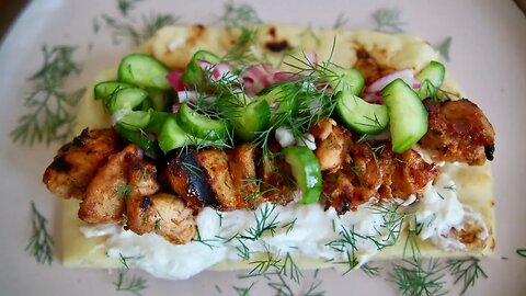 Harissa Grilled Chicken Kabobs with Garlic Herbed Yogurt and Sweet & Crunchy Cucumber Salad on Naan