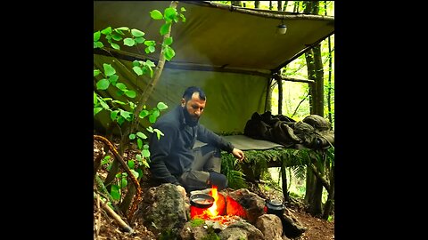 Wild Camping in Mountain Forest - Survival Shelter, Creek Fishing, Camp Cooking