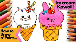 How to draw and paint Cute Animals Ice Cream Kawaii