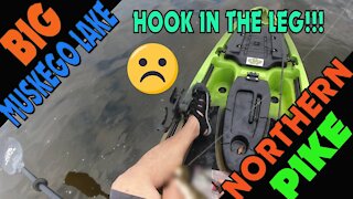 A Thrashing pike hooks me in the leg while Kayak Fishing in my Native Watercraft Falcon 11