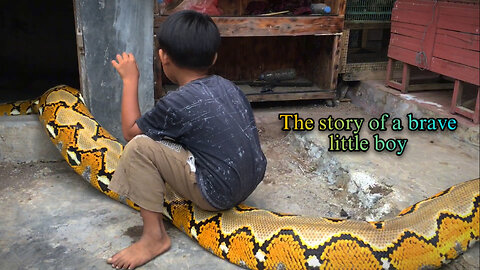 A brave little boy plays with a snake