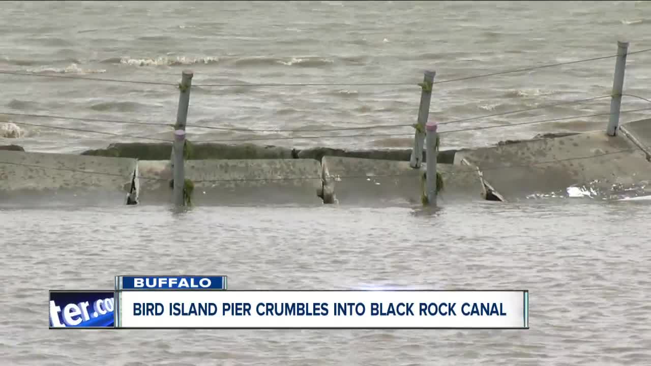 Part of Bird Island Pier crumbling into Black Rock Canal due to rain and wind