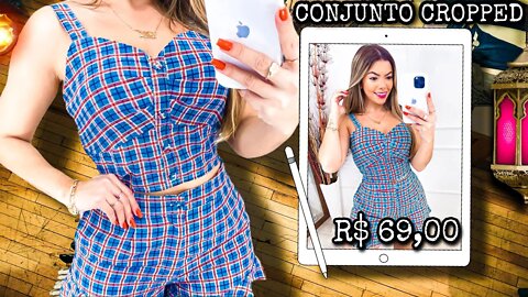 Roupas Femininas conjunto Cropped e short Estampa Xadrez Crepe Babadinho Conto!