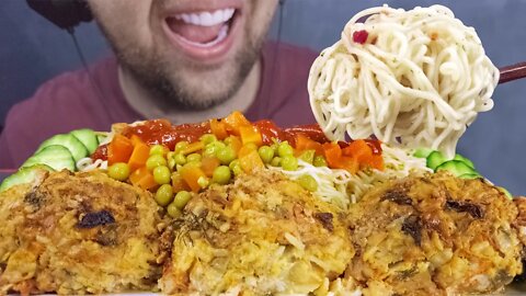 ASMR NOODLES + SPICY SATSEBELI SAUCE & VEGETABLE CUTLETS (EATING SOUNDS) ASMR EATING SHOW MUKBANG