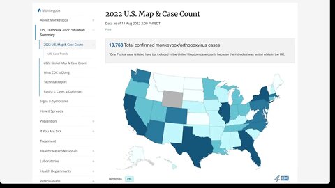 2022年8月11日美國東岸時間下午兩點，美國確診猴痘數目超過10,000