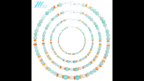 Natural turquoise and orange spiny oyster pearl smooth beads with faceted Amazonite necklace