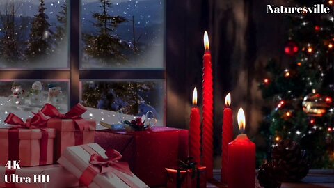 Cozy Christmas Ambience With Relaxing Snowfall, Fireplace, Candles, And Presents With Music. ASMR