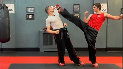 Twisting kick, roundhouse kick combination.