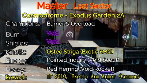 Destiny 2 Master Lost Sector: Cosmodrome - Exodus Garden 2A 4-30-22