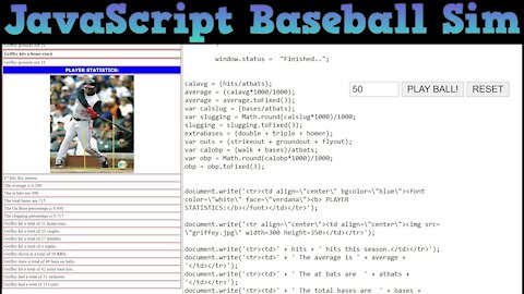 Live Learn with JavaScript programming a Baseball player simulator script.