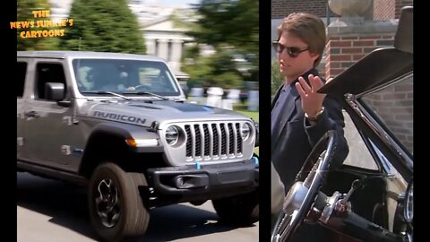 Biden drives an electric Jeep on the White House South Lawn.