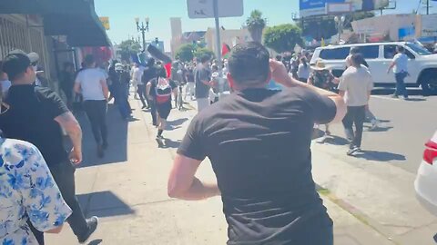 Pro-Palestinian protesters in LA cause chaos as they try to block the entrance to a synagogue.