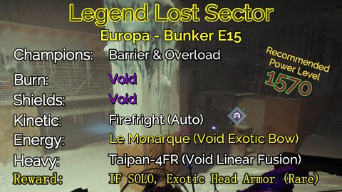 Destiny 2 Legend Lost Sector: Europa - Bunker E15 9-4-22