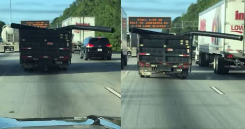 Ignorant Driver Hits Cars On Highway With Giant Pipe