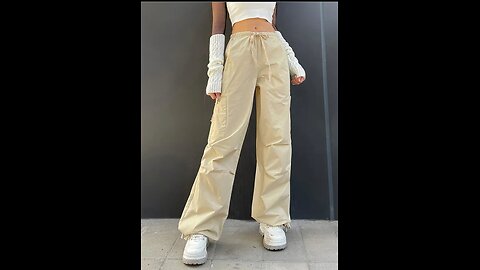 Drawstring Pockets Parachute Cargo Pants - Light Coffee - Cargos pants women ideas