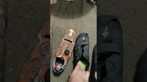 Road versus mountain bike shoes.