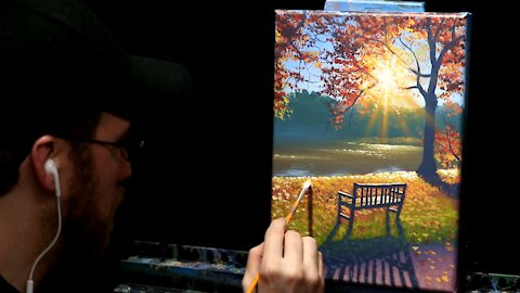 Acrylic Landscape Painting of a Bench at Autumn Morning - Time Lapse - Artist Timothy Stanford