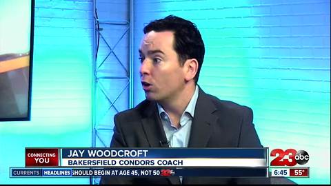 Bakersfield Condors' new coach, Jay Woodcroft, talks with Mike Hart