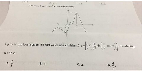 Toán 12: Cho hàm số f(x) có đồ thị như hình vẽ dưới. Gọi m,M cho y=1/3 f|4/√3 sin(π/3 |sinx|)|