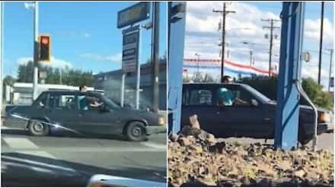 Guida l'auto con la testa fuori dal tettuccio!