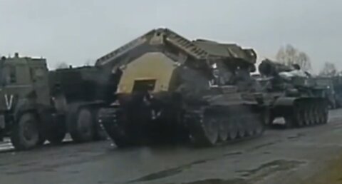 BTS-4 Armored Tractor Towing Vehicle IMR-2 moves towards Brahin, Gomel region