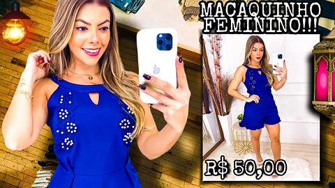 Macaquinho Feminino" Guipir com pérolas na frente" babado na perna/ shopee