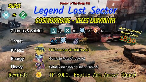 Destiny 2 Legend Lost Sector: Cosmodrome - Veles Labyrinth on my Arc Hunter 7-4-23