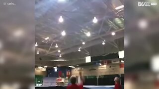 Trampolinist bounces out of competition after frightening fall