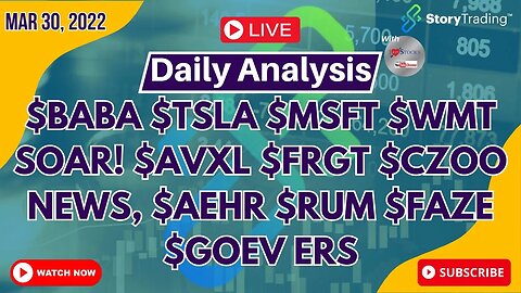 3/29 Daily Analysis: $BABA $TSLA $MSFT $WMT Soar! $AVXL $FRGT $CZOO News, $AEHR $RUM $FAZE $GOEV ERs