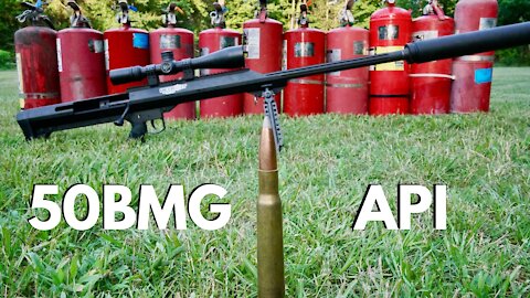 50BMG API VS 200 Pounds of Fire Extinguishers!