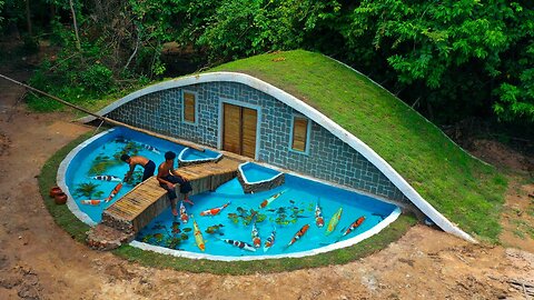 Build Fish Pond In front of under Grass House 🏡