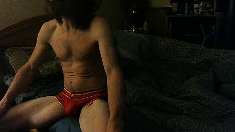 jeremy sleeps in red briefs, black short shorts, and beige briefs