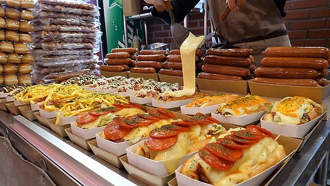 American style pizza hot dogs, cheese hot dogs - korean street food | ASMR