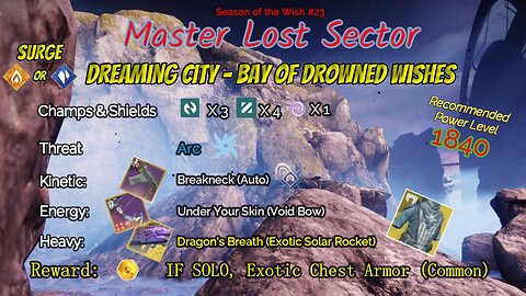 Destiny 2 Master Lost Sector: Dreaming City - Bay of Drowned Wishes on my Solar Warlock 3-18-24