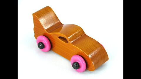 Handmade Wood Toy Car - Play Pal Bat Car with Amber Shellac Body and Pink Wheels