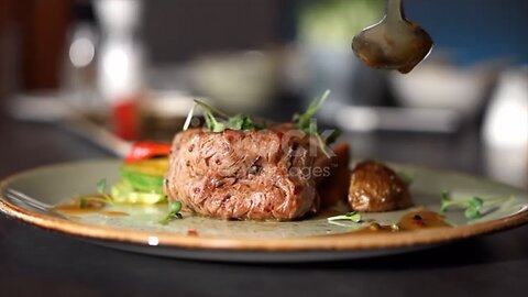 Beef steak with grilled vegetables served on white plate