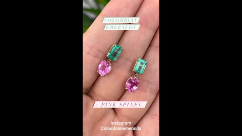 7.56tcw 18K gold Green Colombian Emerald & Pink Sapphire Dangle drop Earrings