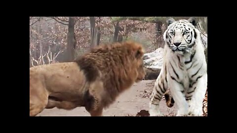 The male lion challenges the white tiger, the lion VS the tiger