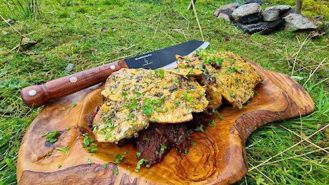 Bushcraft in a Beautiful forest! Cooking meat with potatoes under a thick layer of cheese