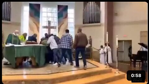 Man being dragged out of a church for not wearing a mask