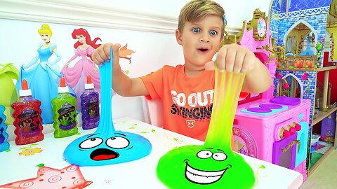 Kids are playing with slime fun games with dad